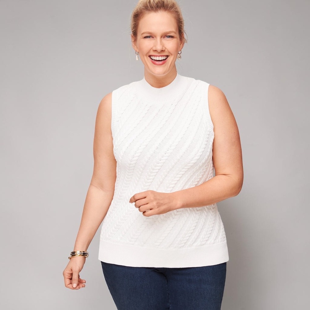 Talbots Bias Cable Knit Mock Neck Sweater Vest White Size M Old Money Preppy